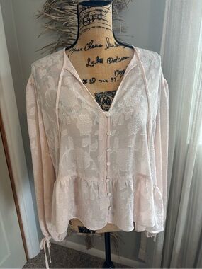 Express Pale Pink Lace Button-Front Peplum Blouse